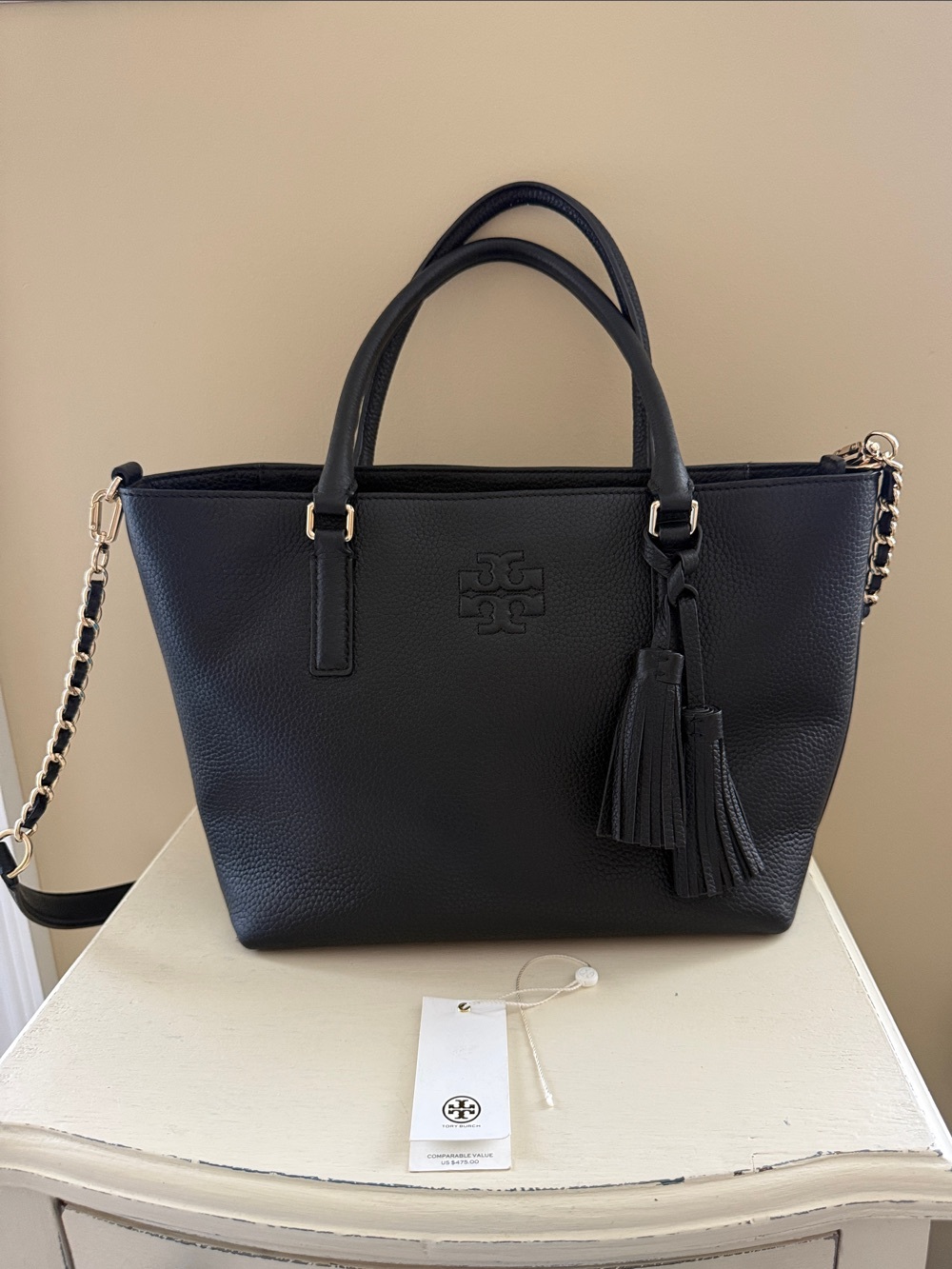 Tory Burch Thea Small Convertible Black Leather Tote, new without tags